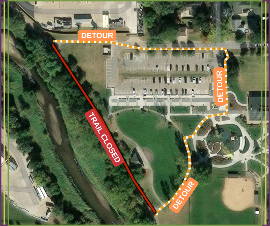 Trail closed near Walnut Creek with marked detour route through park and streets